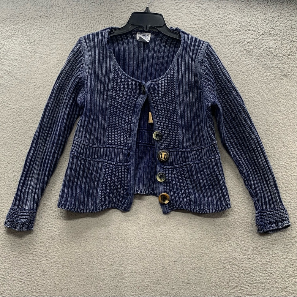 90's Vintage PBJ Blues Cardigan Sweater Top Ribbed Knit Button Up Embroidered S
